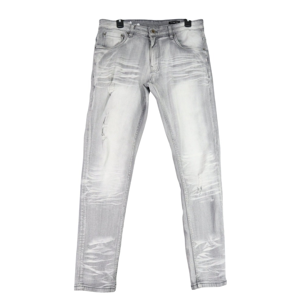 Copper Rivet Slim Fit Distressed Jeans Mens 32x30 Gray Stretch Denim Whiskered